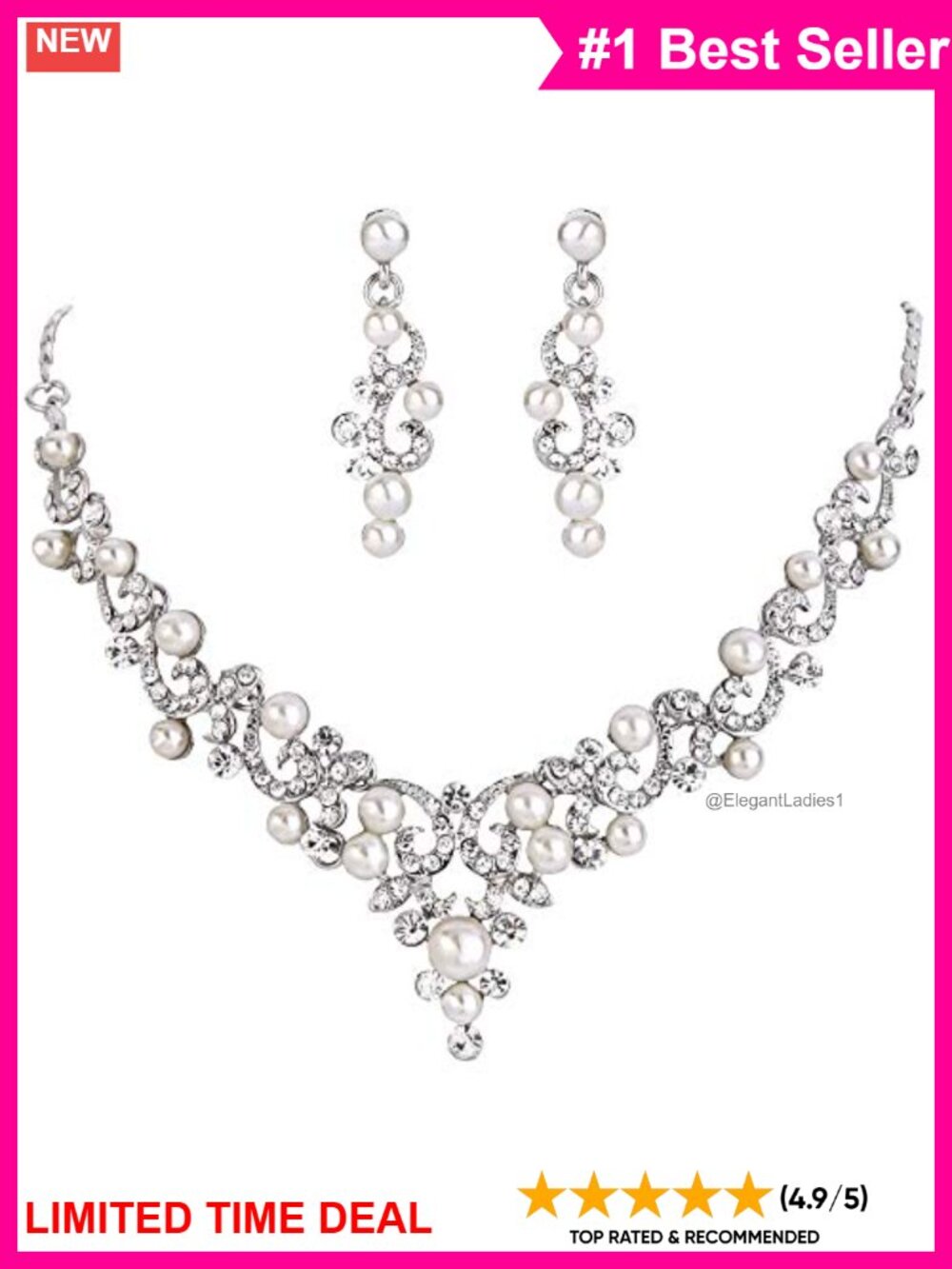 Bridal Simulated Pearl Crystal Y-Necklace Dangle Earrings Jewelry Set Wedding